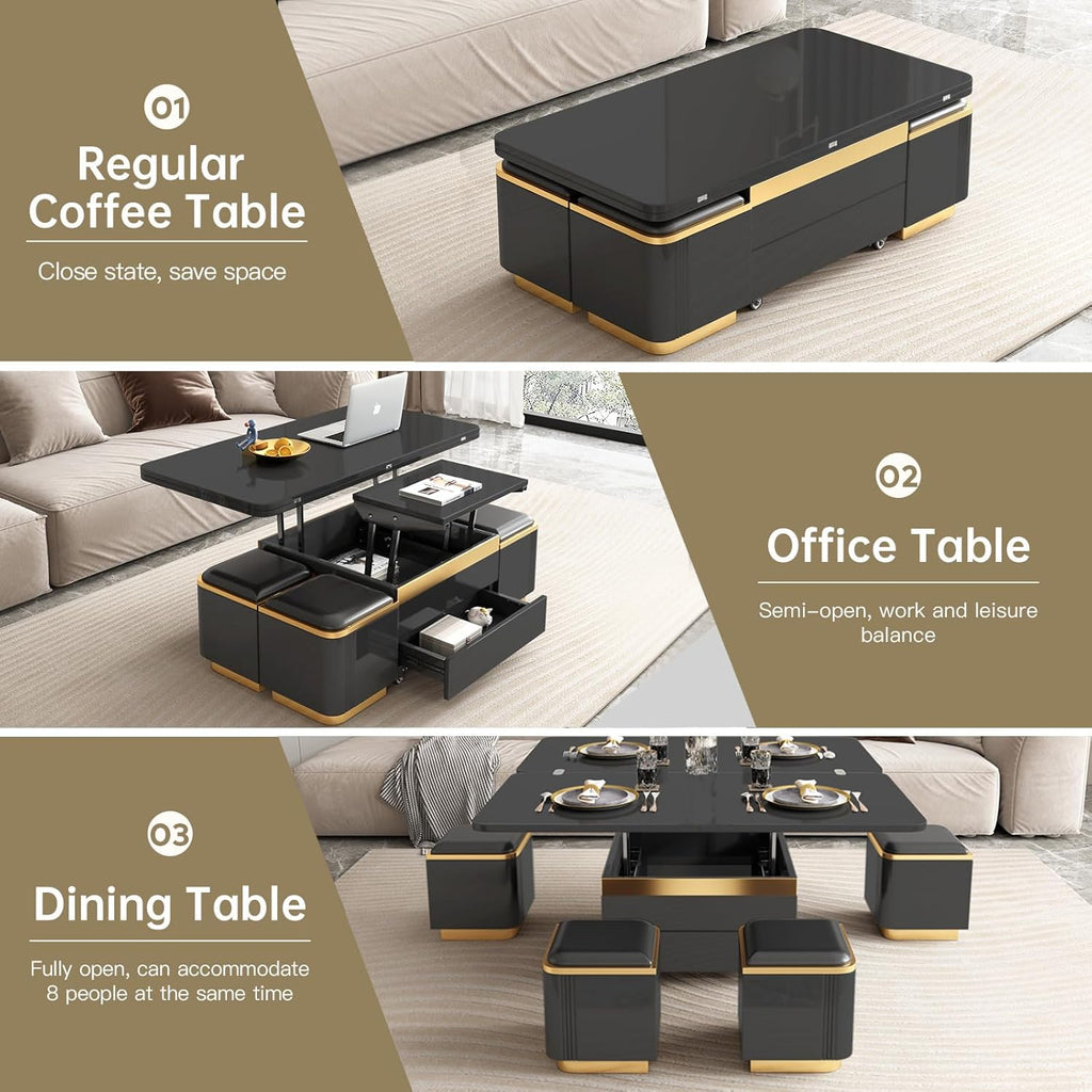 Black Lift Top Coffee Table with 4 Storage Stools F144