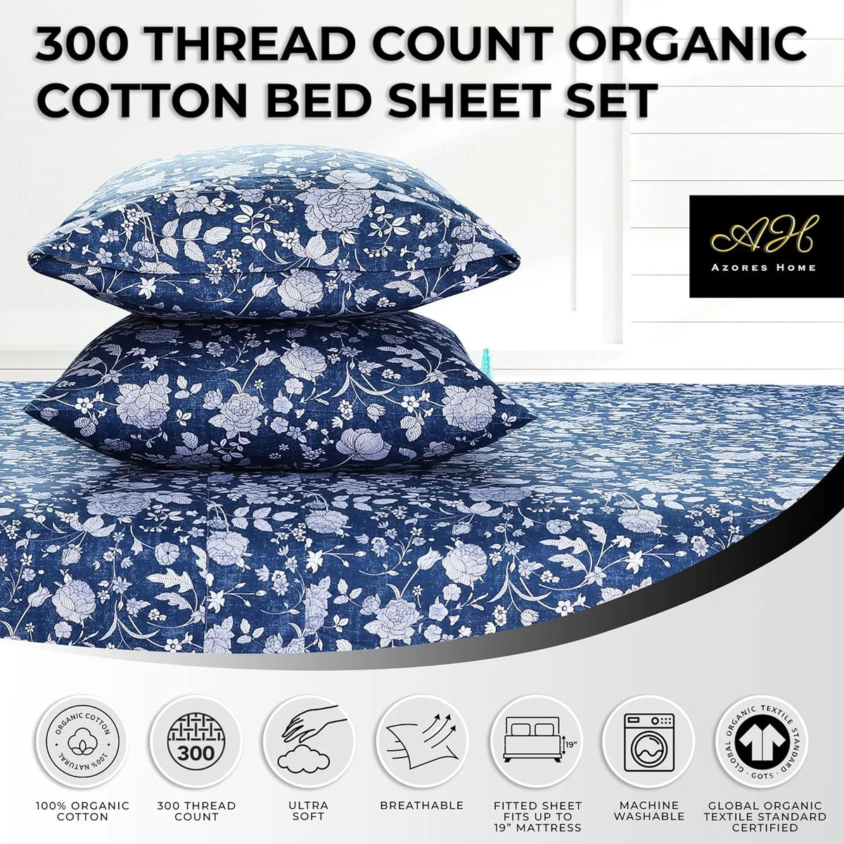 300 Thread Count Organic Cotton Deep Pocket Bed Sheet Set King Dark Blue G998