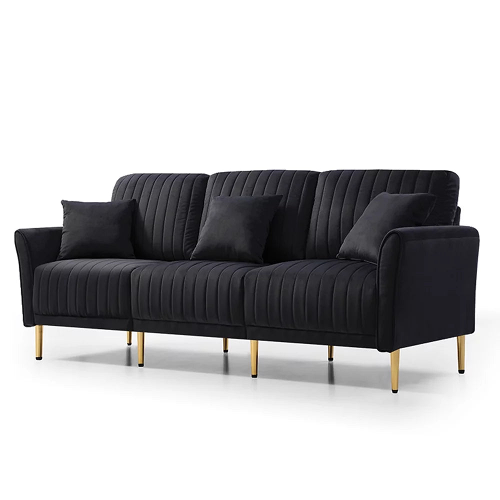 Black Velvet 3-Seater Sofa with Metal Legs and 3 Pillows K830401