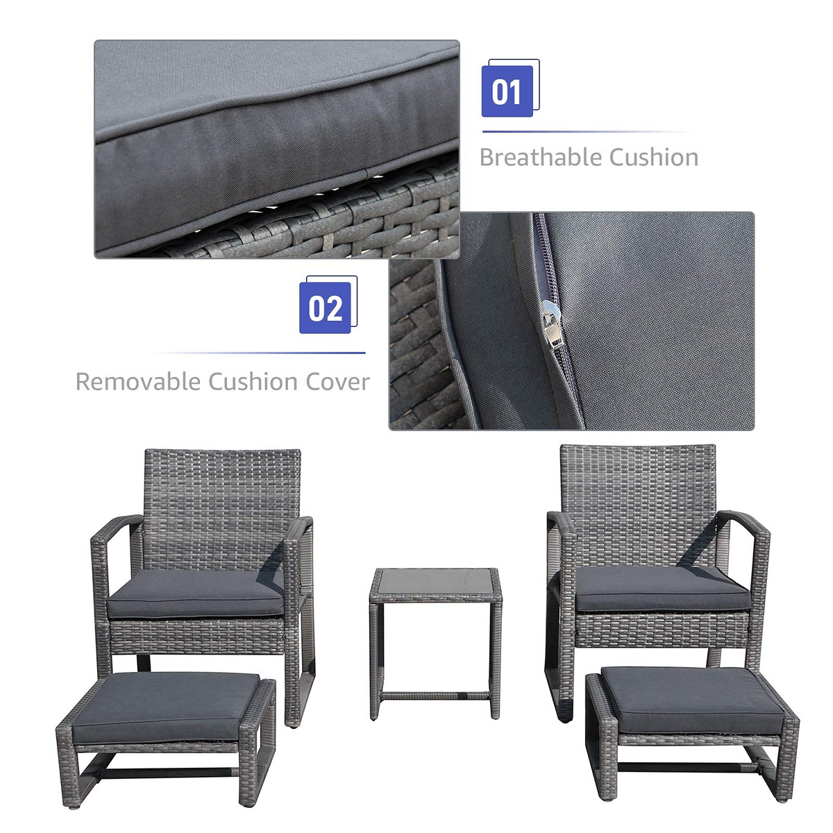 5 Piece Outdoor Patio Wicker Furniture Set with Ottomans Dark Grey G443613