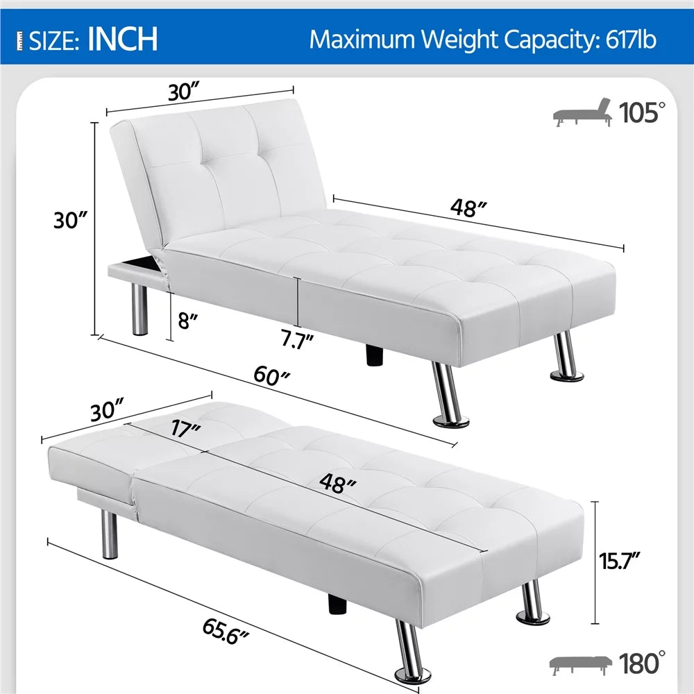 White Faux Leather Convertible Futon Chaise Lounge E984545