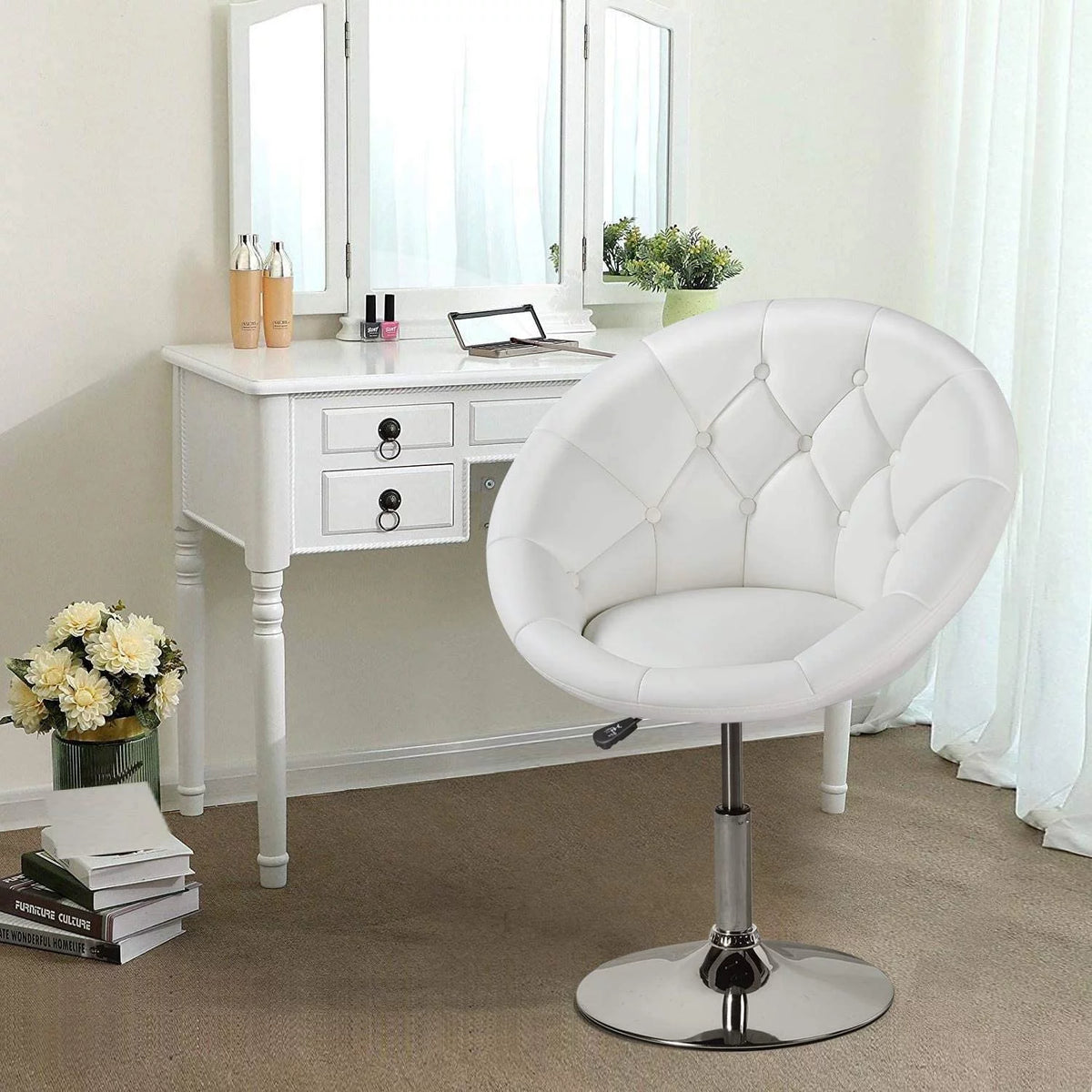 White Tufted Height Adjustable Swivel Accent Chair H579