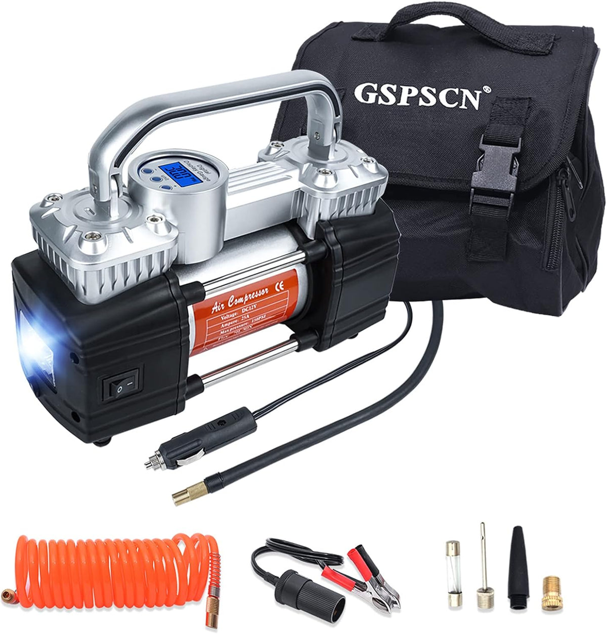 Portable Digital Car Tire Inflator 150Psi Auto Shut-Off Double Cylinders 12V Air Compressor Pump with LED Light (RED) C6895