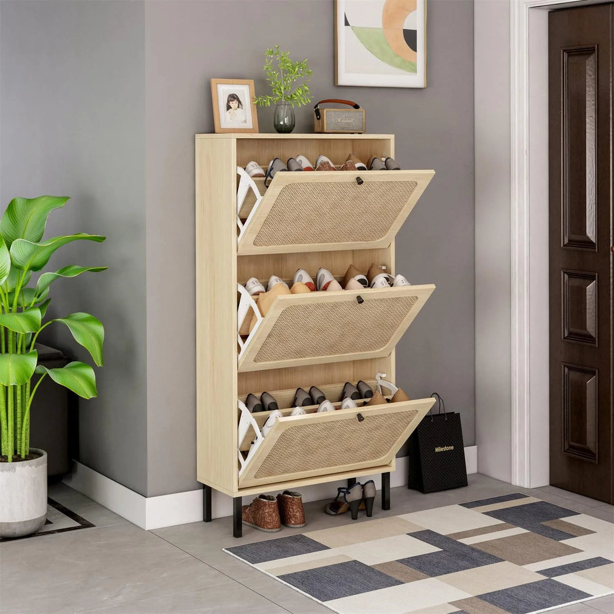Rattan Shoe Cabinet with 3 Flip Drawers H346