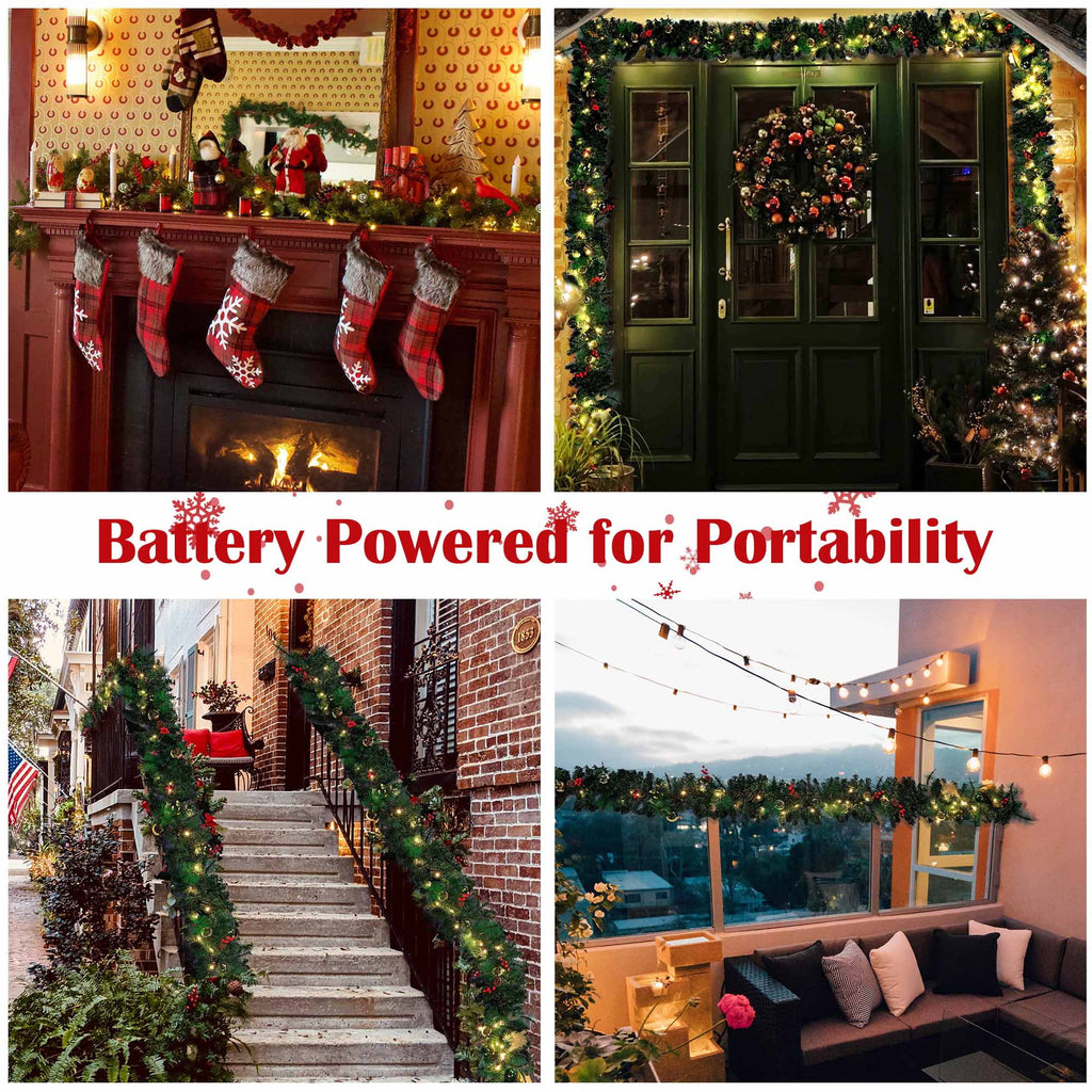 9 FT Pre-lit Christmas Garland Battery Operated Timer Artificial Decor L671