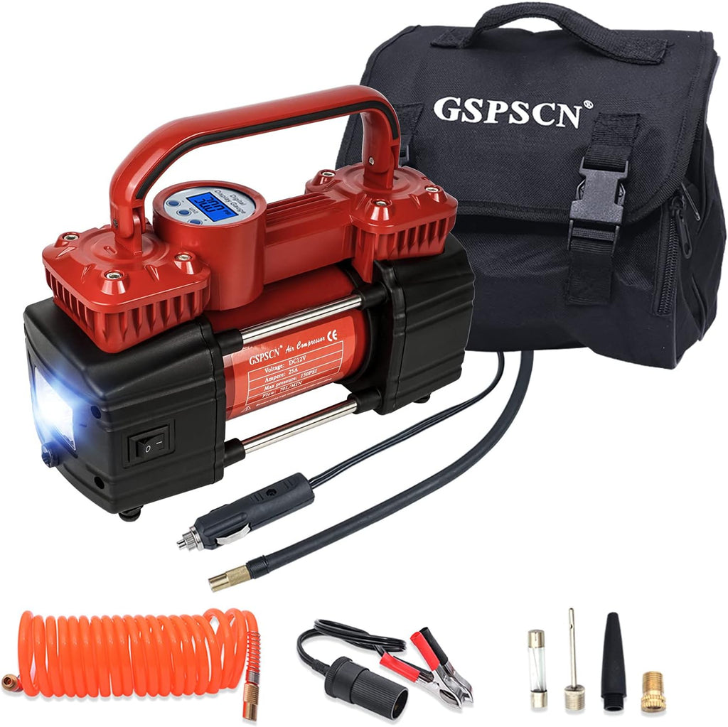 Portable Digital Car Tire Inflator 150Psi Auto Shut-Off Double Cylinders 12V Air Compressor Pump with LED Light (RED) C6895