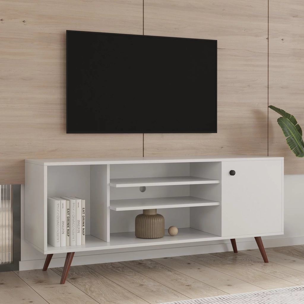 White Particle Board TV Stand with Storage and 2 Shelves F82002