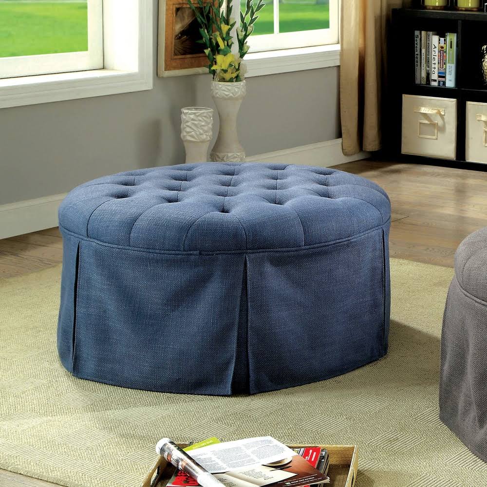 Blue Tufted Round Fabric Ottoman J273