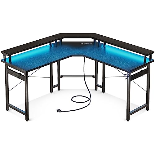 White Carbon Fiber L Shaped Gaming Desk with LED Lights & Power Outlets J160