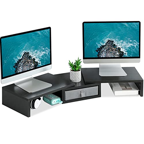 Dual Monitor Stand Riser with Drawer Adjustable (Rustic Brown) V229311
