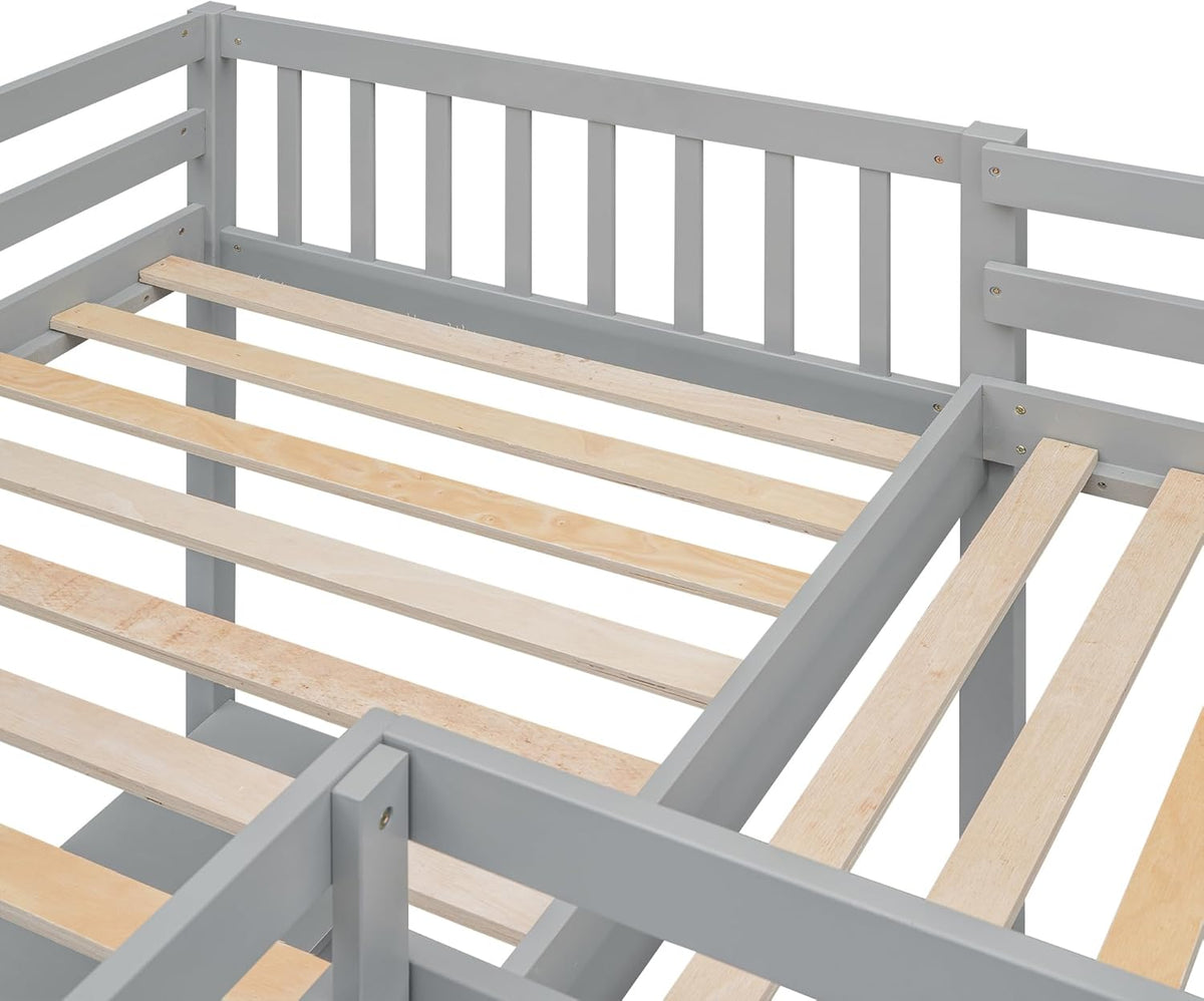 Gray Twin Size L-Shaped Loft Bed with Ladder and 2 Built-in Desks G1602
