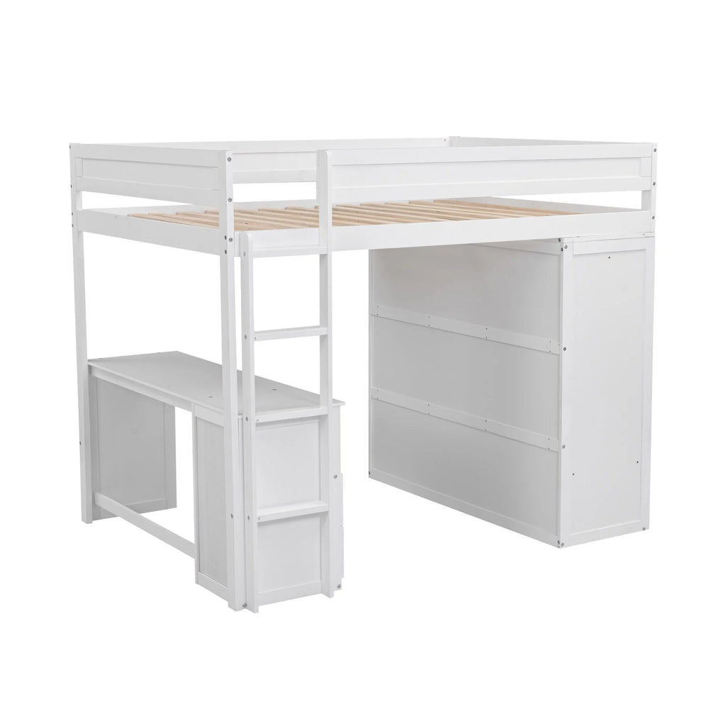 Solid Wood Loft Bed with Built-In Desk & Wardrobe White Full D648406