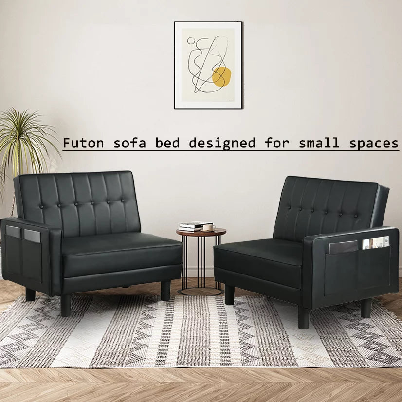 Black Faux Leather Convertible Futon Sofa Bed H5324