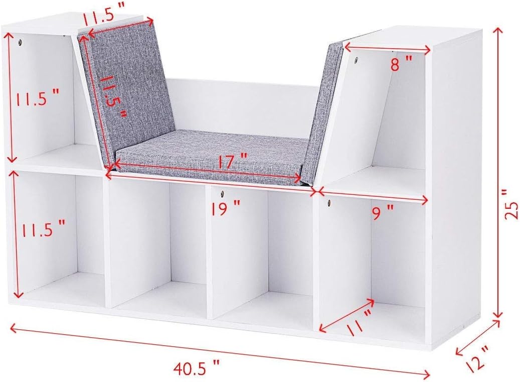 6-Cubby Kid Storage Bookcase Cushioned Reading Nook Bench I96147