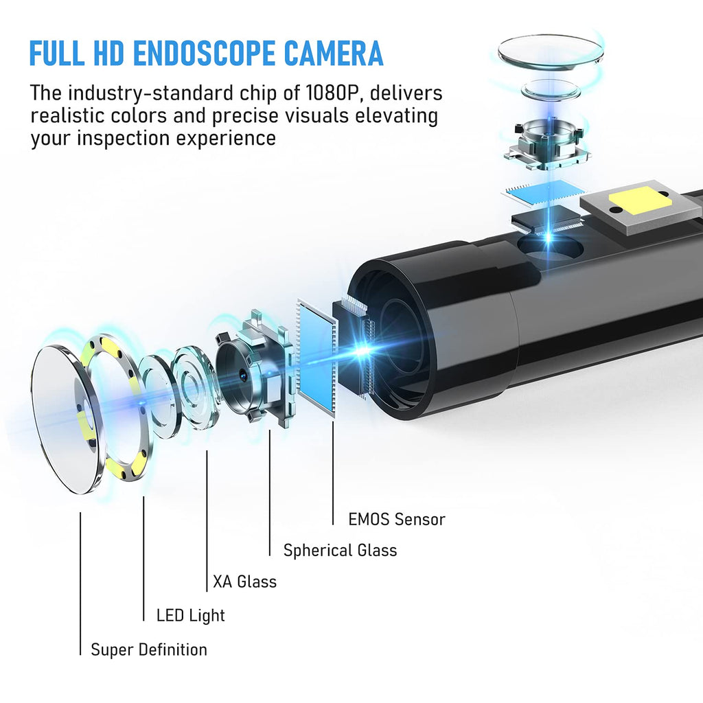 Dual Lens Endoscope Camera 1080P 5.18 IPS Screen 5mm IP67 Waterproof with 7 LED Lights 32GB Card 16.5FT Y136