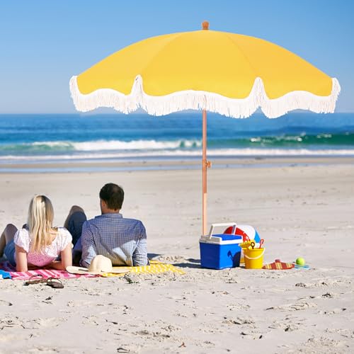 7ft Beach Umbrella with Fringe, UPF50+, Carry Bag L898
