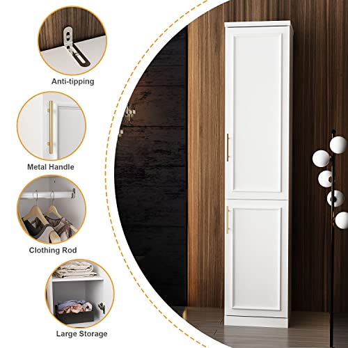 White 2 Door Tall Narrow Wardrobe Closet with Hanging Rod W6052