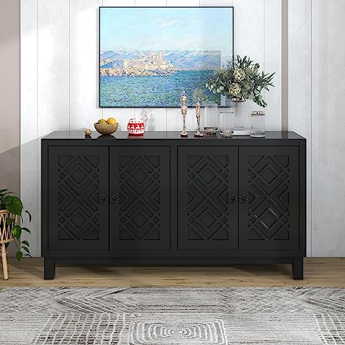 Black Farmhouse Buffet Sideboard with Adjustable Shelves and 4 Doors Wood Cabinet Z919898