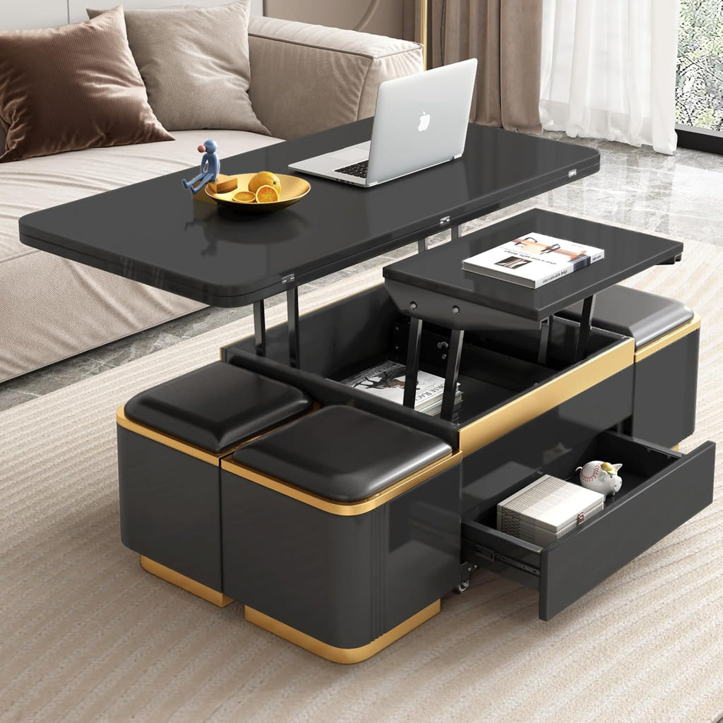 Black Lift Top Coffee Table with 4 Storage Stools F144