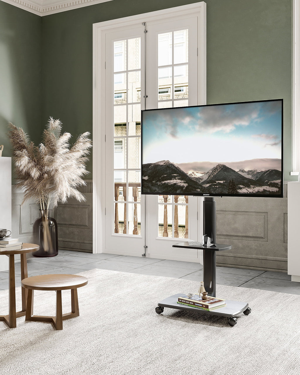 Black TV Stand with Swivel Mount and Adjustable Shelf R4815