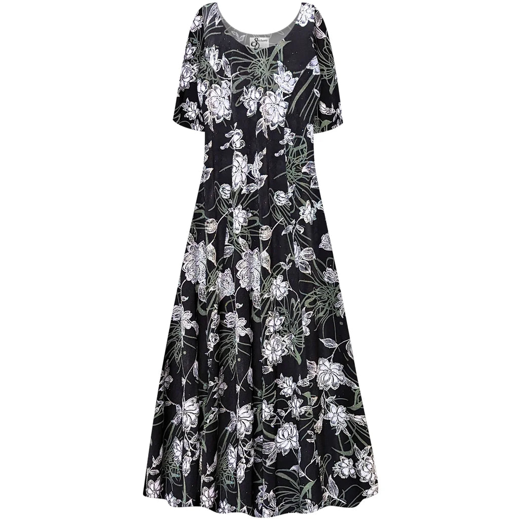 Silver Glitter Floral Print Short Sleeve Princess Cut Dress B747149