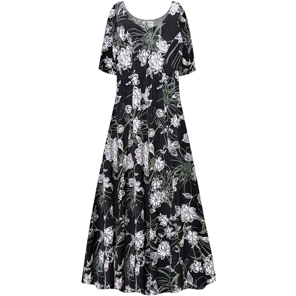 Silver Glitter Floral Print Short Sleeve Princess Cut Dress B747149