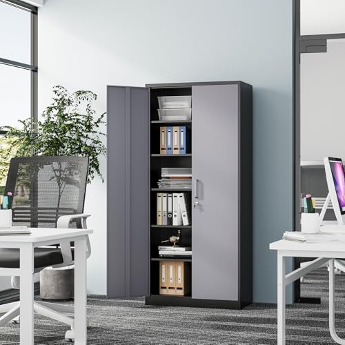 Black Steel Storage Cabinet with Lockable Doors and Adjustable Shelves L730