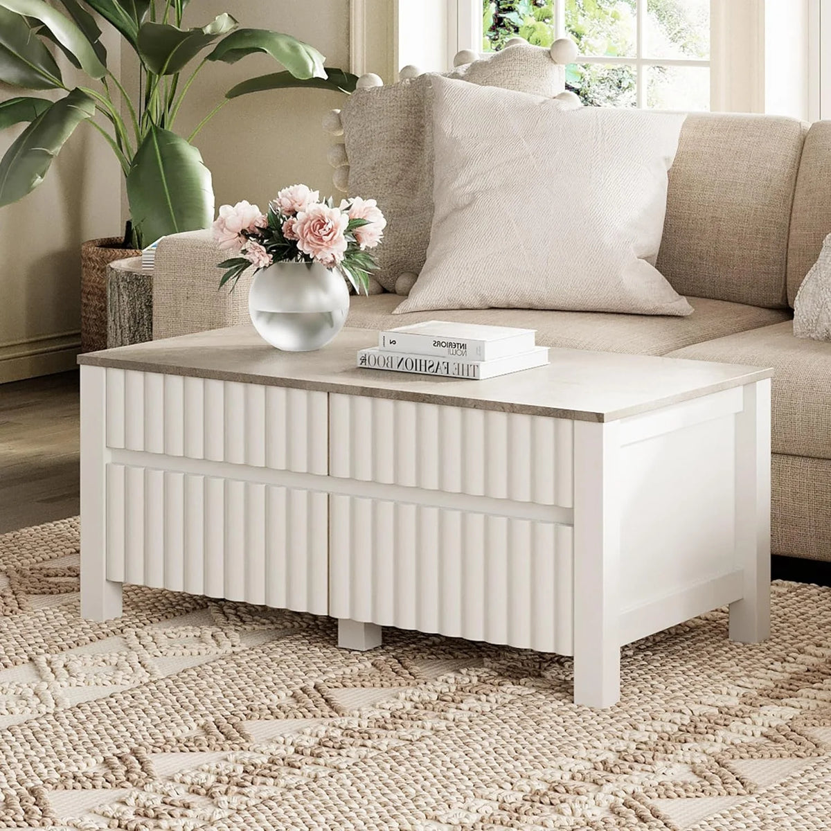 White 4 Piece Living Room Table Set with Storage Drawers and Charging Station Y9247