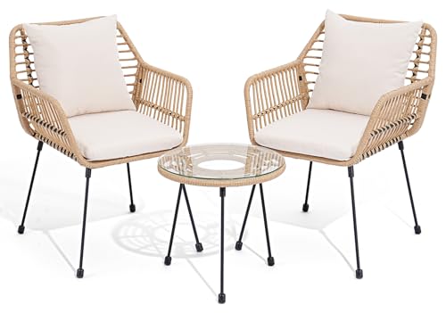 3 Piece Beige Wicker Patio Bistro Set with Cushions G798998