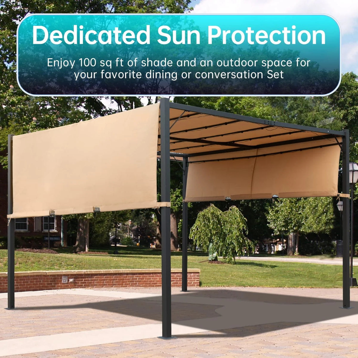 10x10 Retractable Steel Frame Pergola with Solar Powered Led Kit (Tan) R381