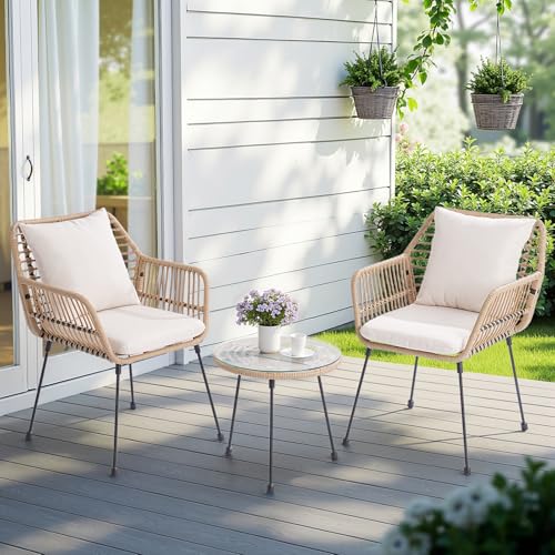 3 Piece Beige Wicker Patio Bistro Set with Cushions G798998