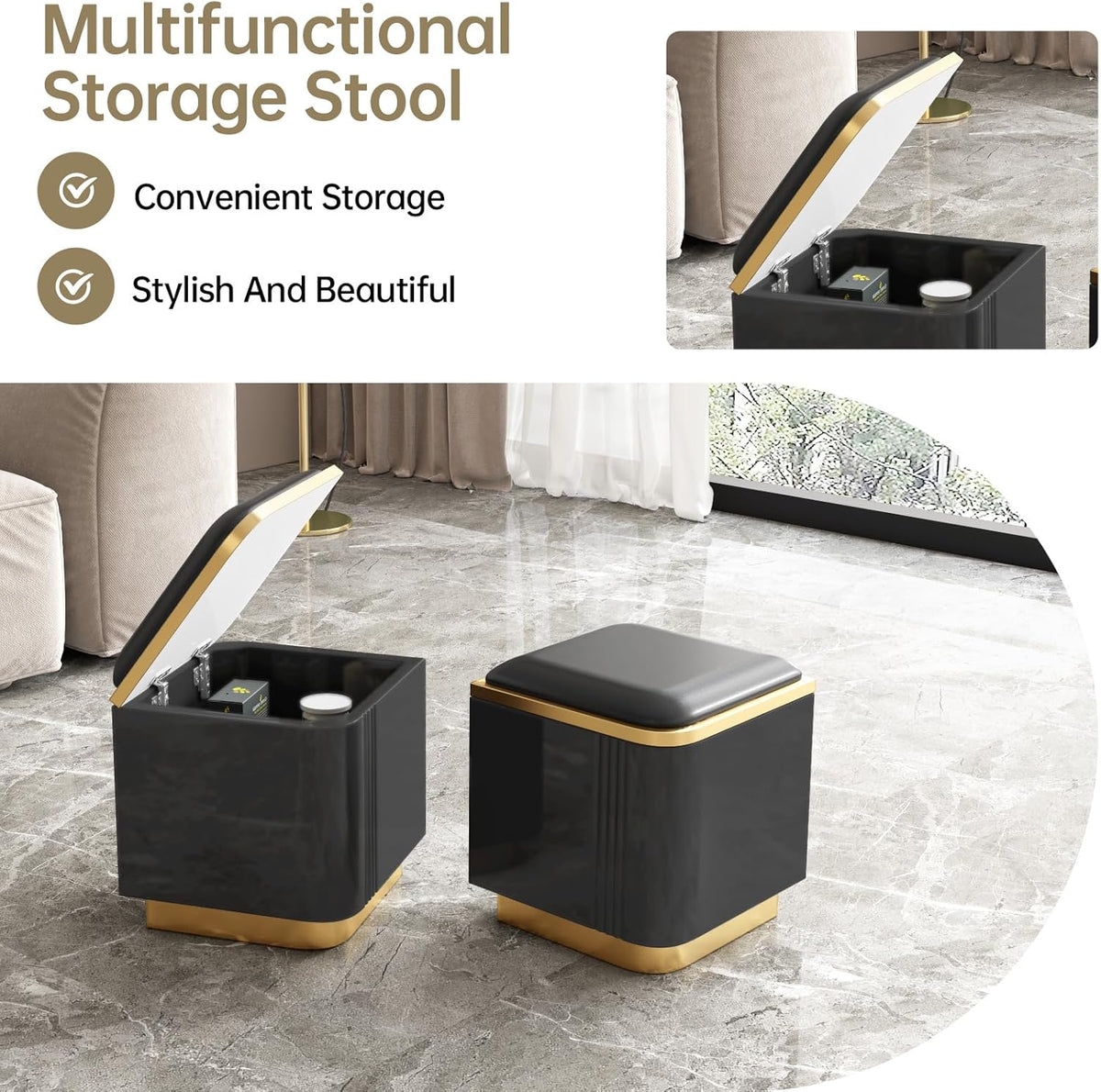Black Lift Top Coffee Table with 4 Storage Stools F144