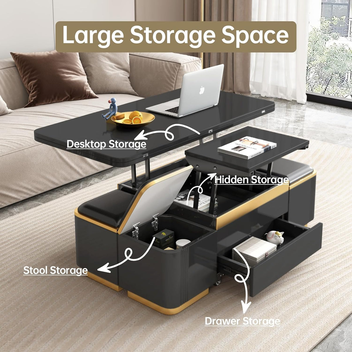 Black Lift Top Coffee Table with 4 Storage Stools F144