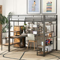 White Full Size Metal Loft Bed with Storage Staircase and Wardrobe K654