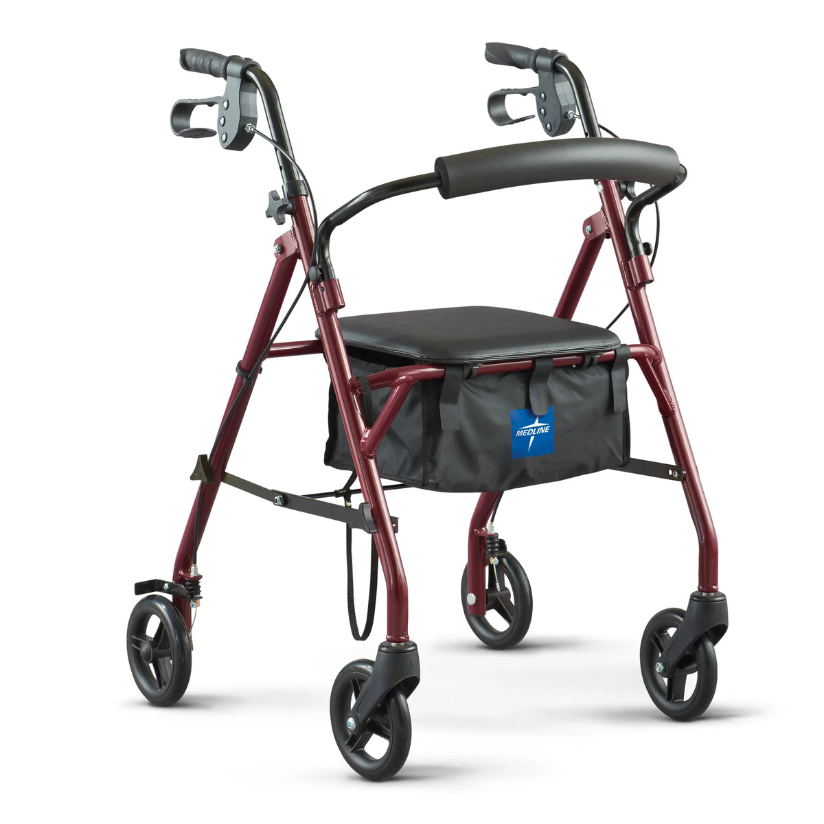 Folding Steel Rollator Walker 6 Wheels 350lb Capacity Burgundy Red S331