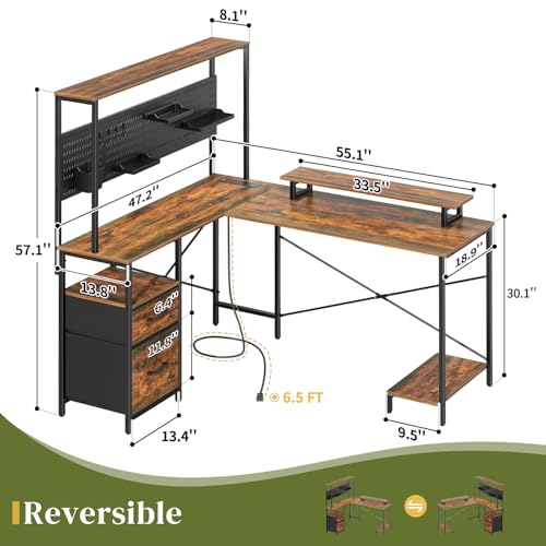 L Shaped Gaming Desk with LED Lights & Power Outlets T2623
