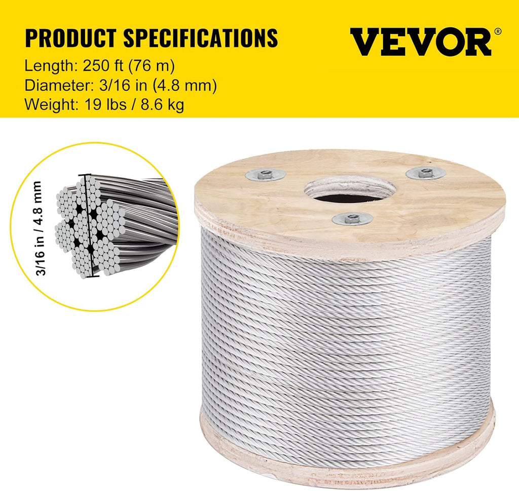 Stainless Steel Cable Railing 3/16"x 250ft, 304 Marine Grade, 7x19 Strands Construction O850