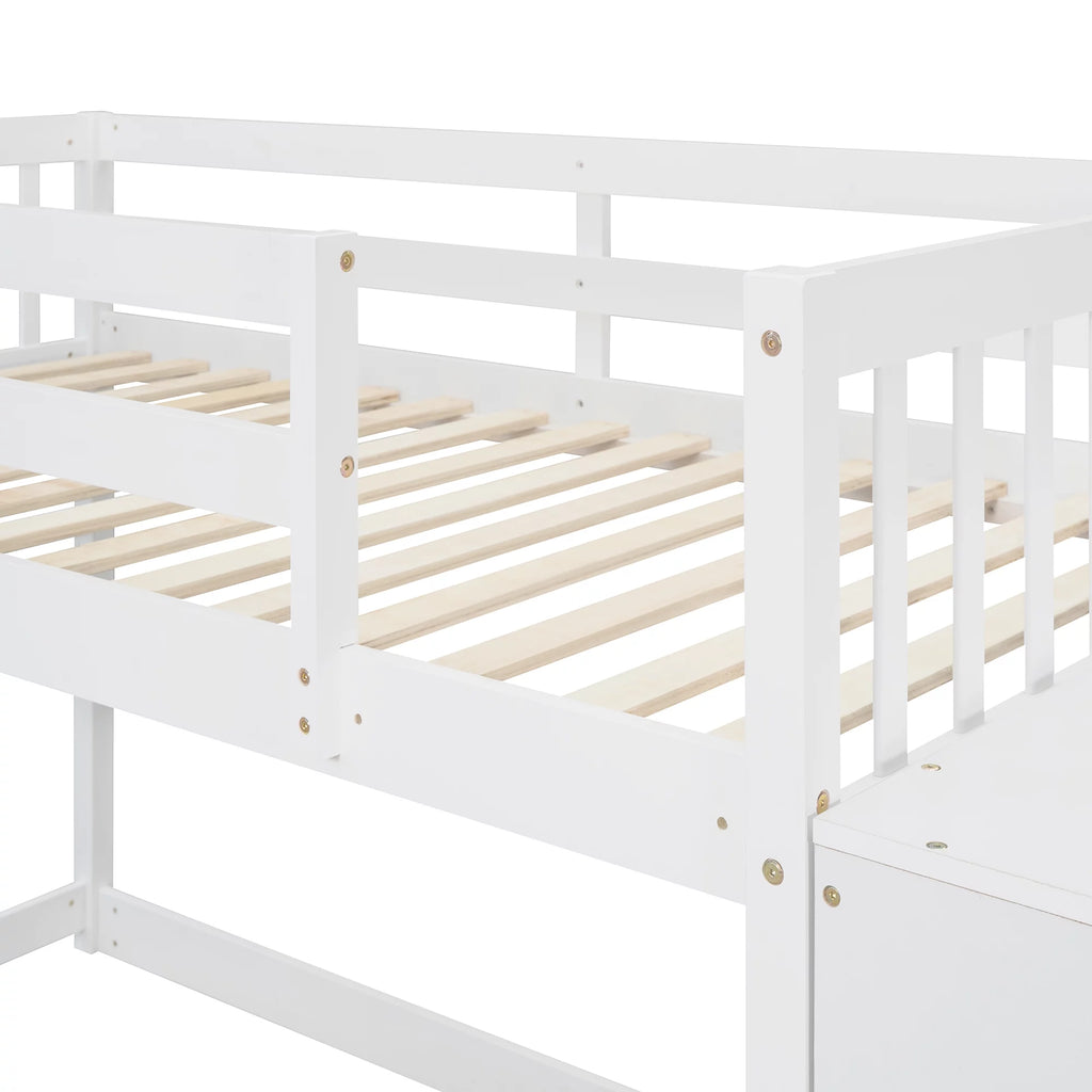 White Wood Twin Over Twin Bunk Bed with Storage Y258