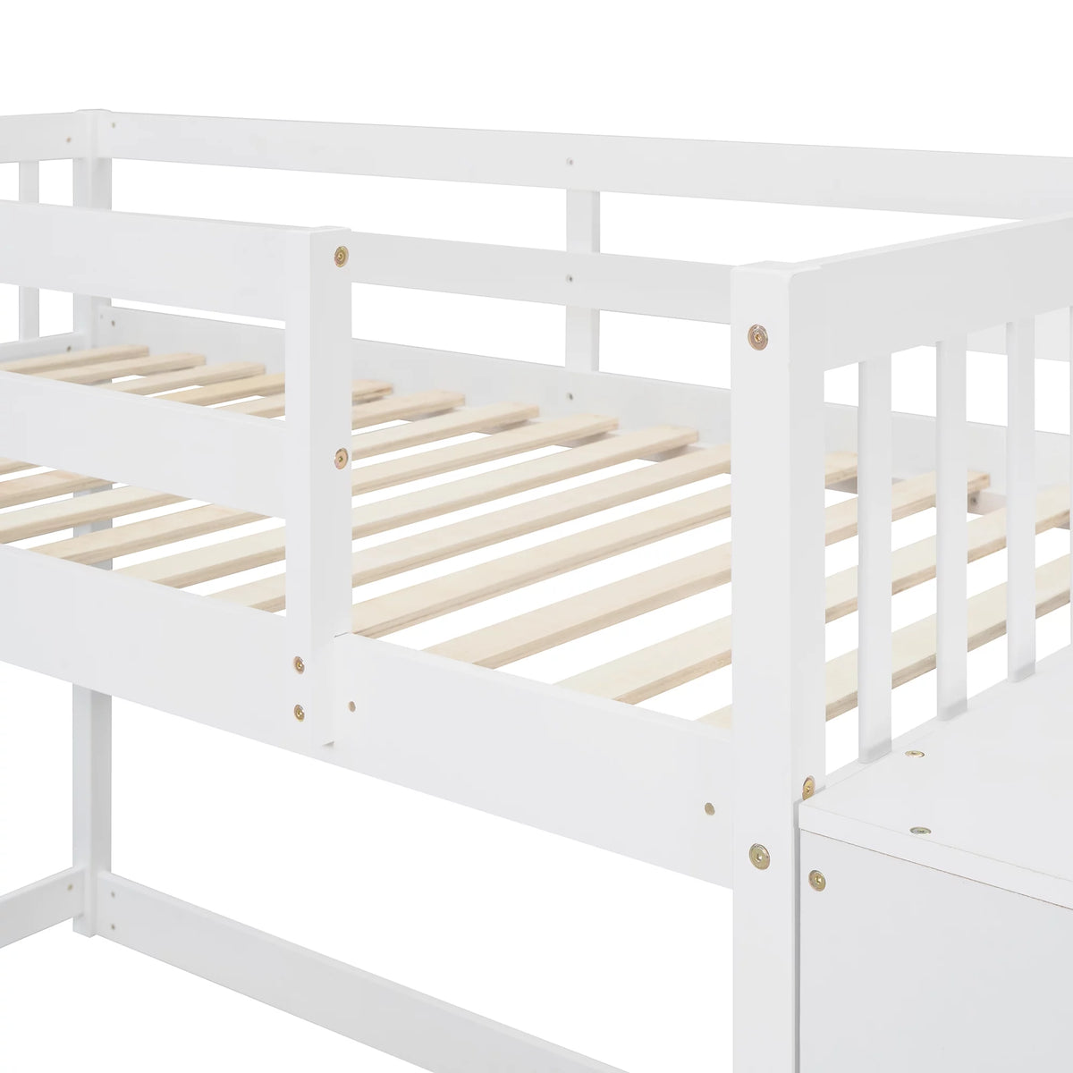 White Wood Twin Over Twin Bunk Bed with Storage Y258