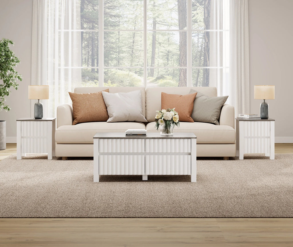 White 4 Piece Living Room Table Set with Storage Drawers and Charging Station Y9247