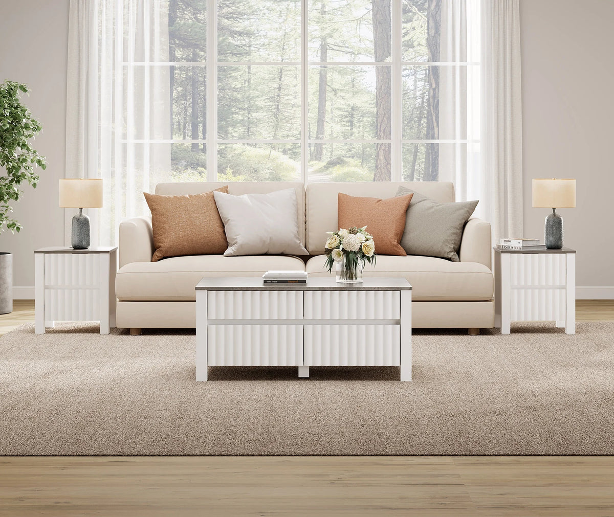White 4 Piece Living Room Table Set with Storage Drawers and Charging Station Y9247