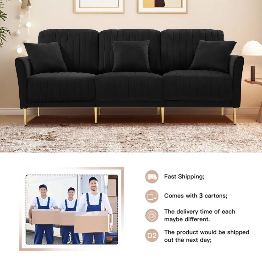 Black Velvet 3-Seater Sofa with Metal Legs and 3 Pillows K830401