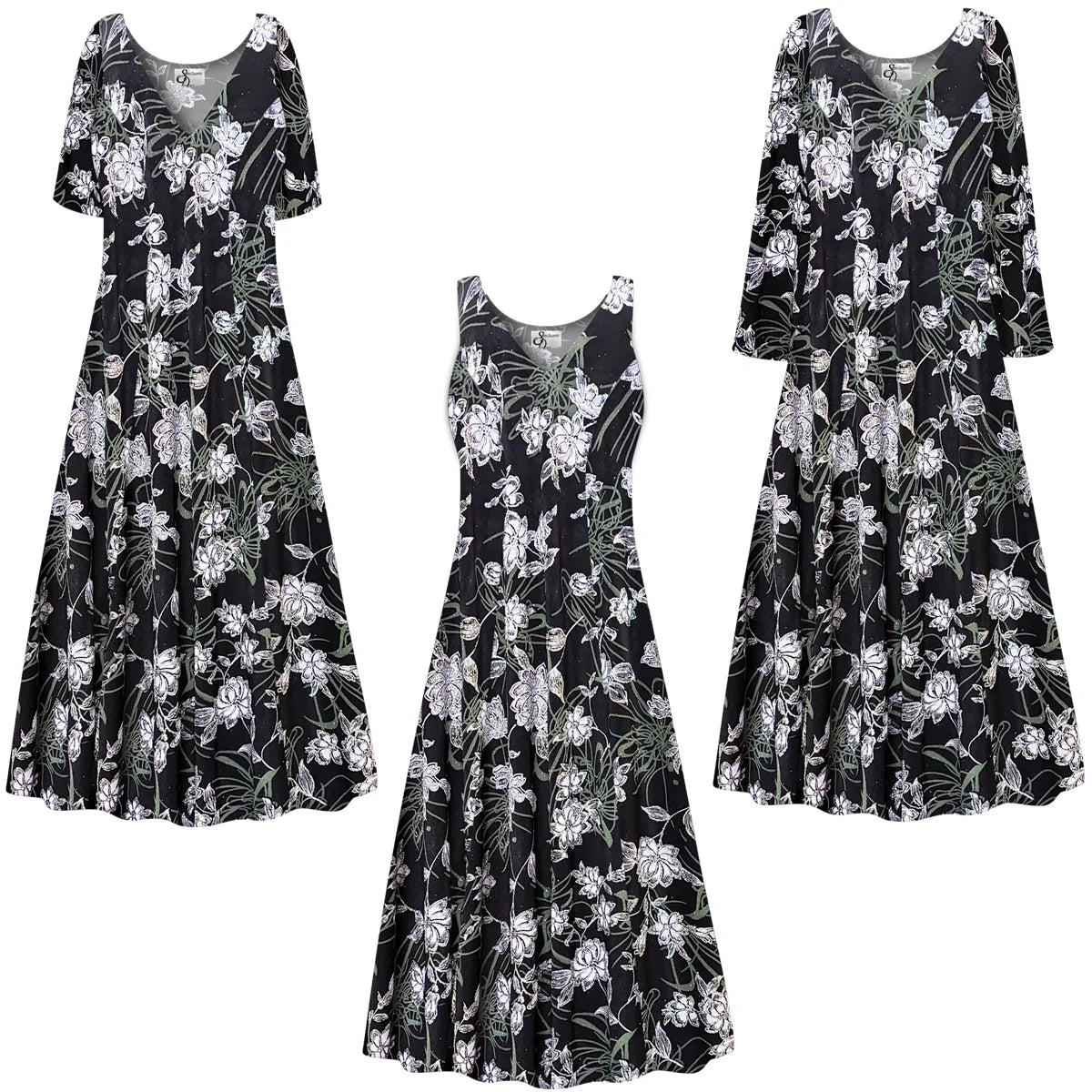 Silver Glitter Floral Print Short Sleeve Princess Cut Dress B747149