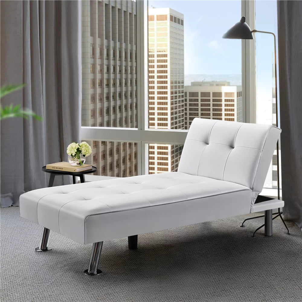 White Faux Leather Convertible Futon Chaise Lounge E984545