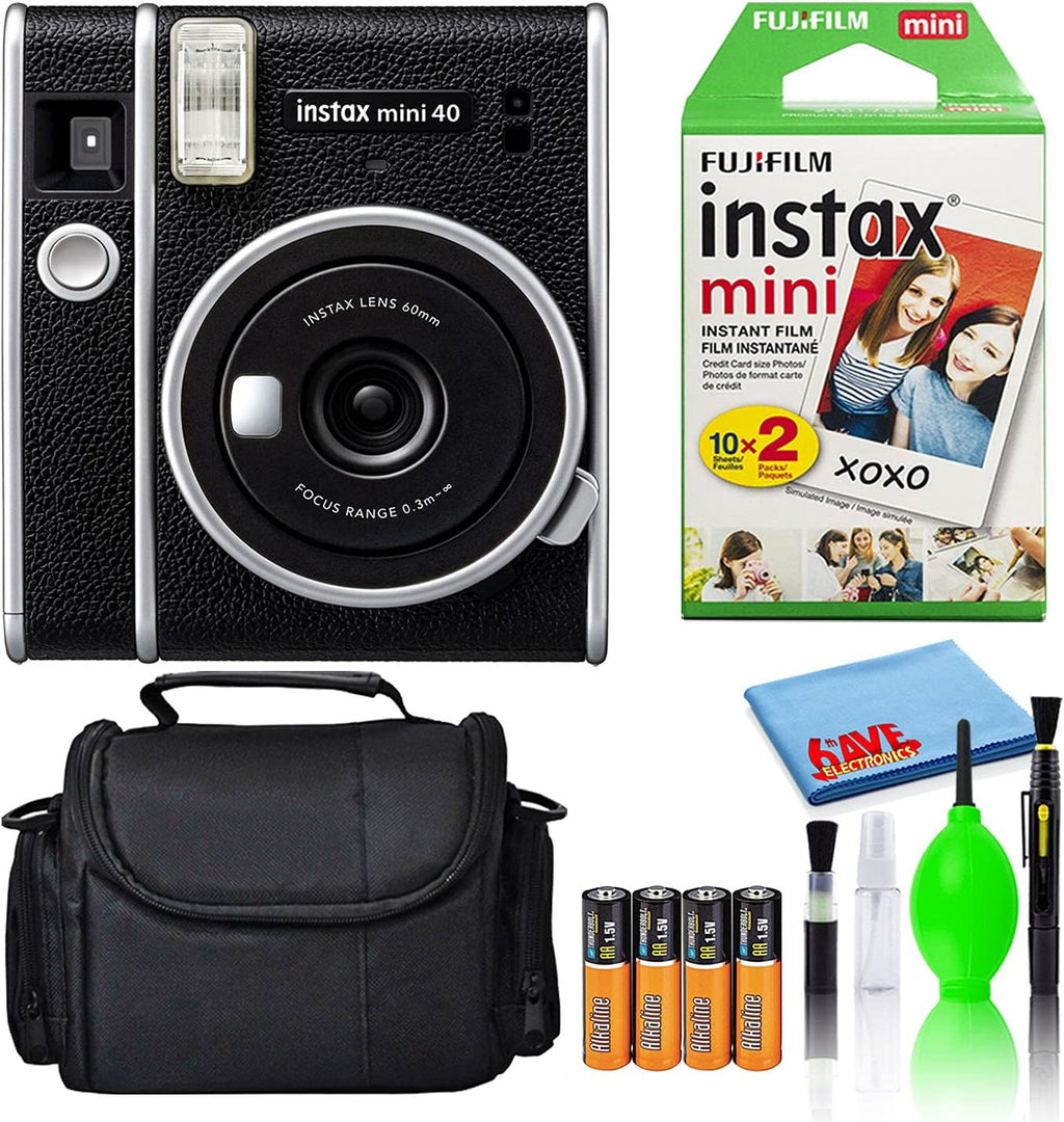 Instax Mini 40 Instant Film Camera (Black) Bundle with 20 Instax Mini Instant Film Shots + Padded Carrying Bag + 4 Rechargeable Batteries + Deluxe Cleaning Kit O51127