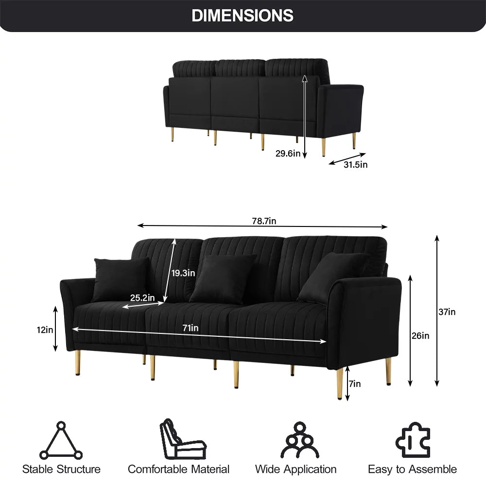Black Velvet 3-Seater Sofa with Metal Legs and 3 Pillows K830401