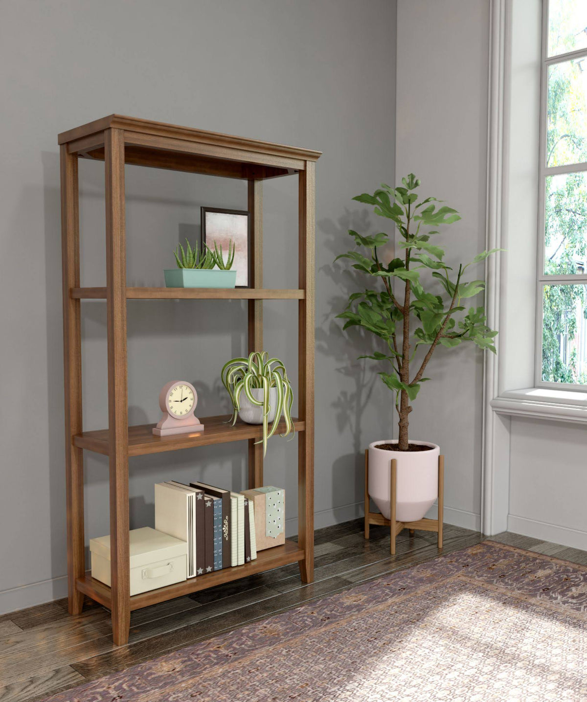 Walnut Brown Solid 3-Tier Tall Vertical Bookcase I14084