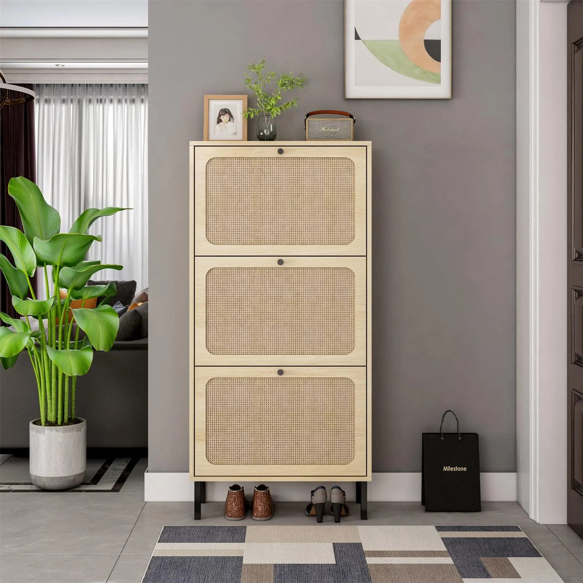 Rattan Shoe Cabinet with 3 Flip Drawers H346