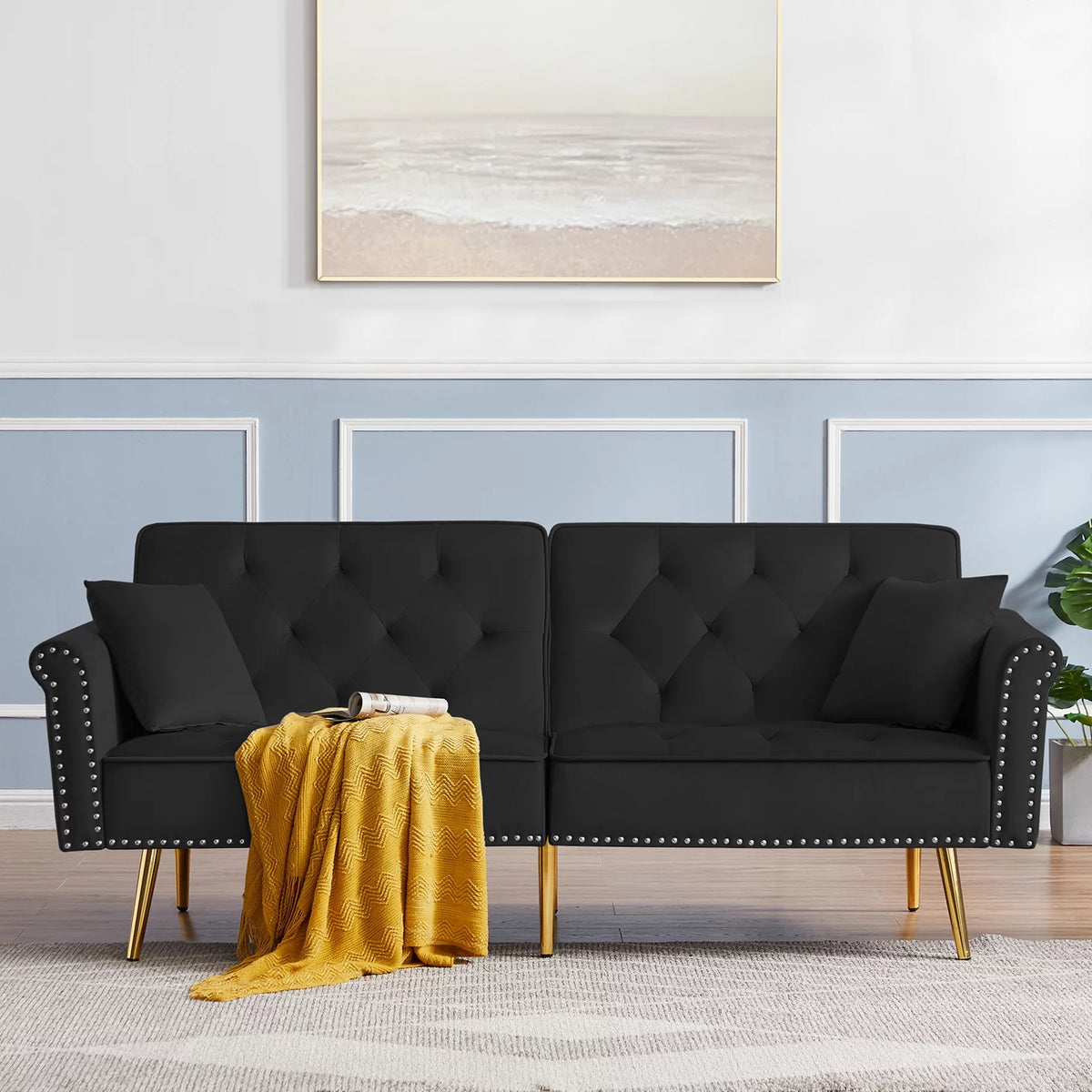 Black Velvet Tufted Futon Sofa Bed U663464