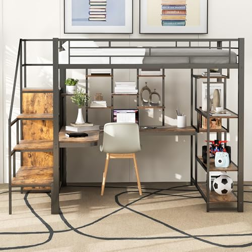 White Full Size Metal Loft Bed with Storage Staircase and Wardrobe K654